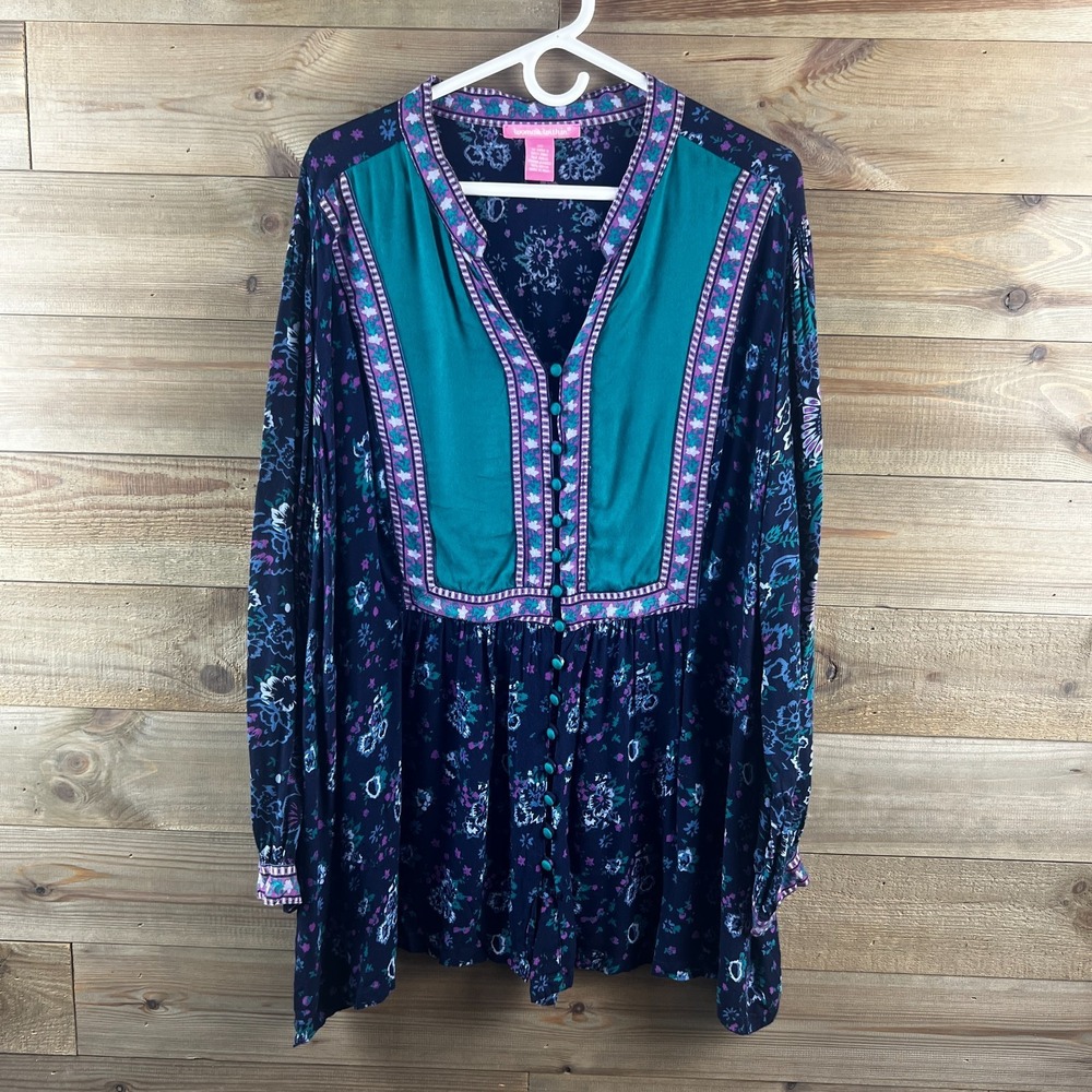 Woman Within Womens Shirt Long Sleeve Floral‎ Peasant Popover Tunic Prairie  2X